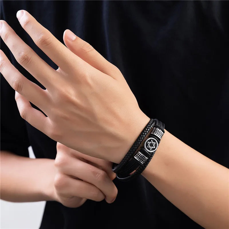 Vintage Norse Hexagram Leather Amulet Bracelet For Men