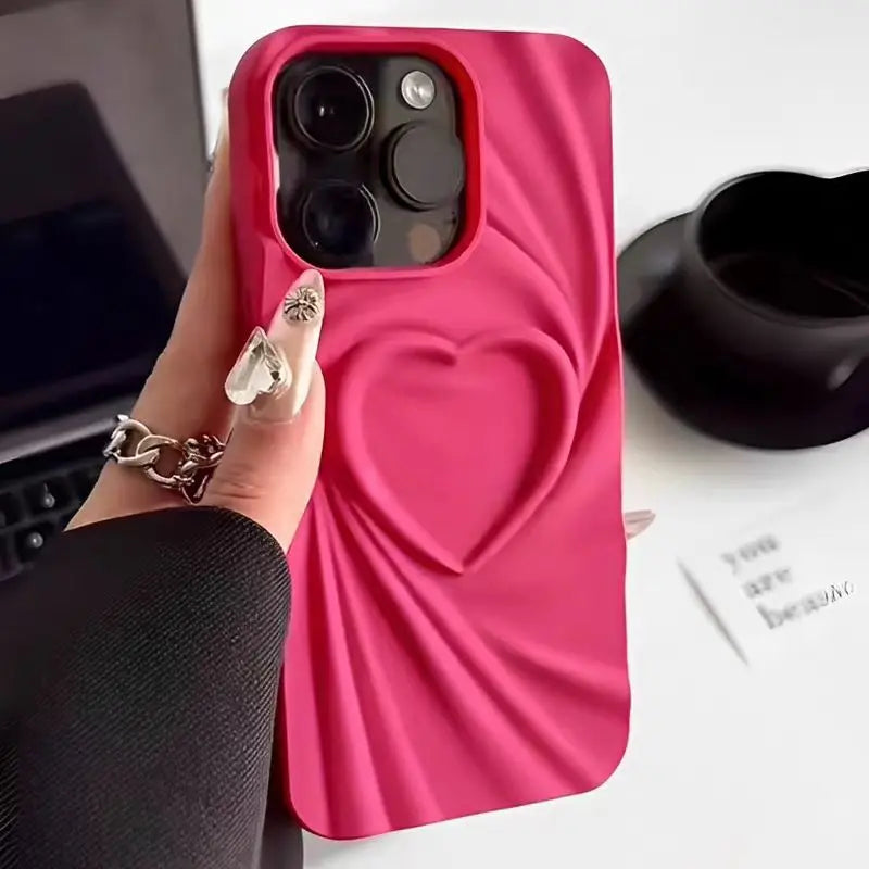 Fold Wrinkle 3D Love Heart Silicone Phone Case For iPhone 15 14 13 12 11