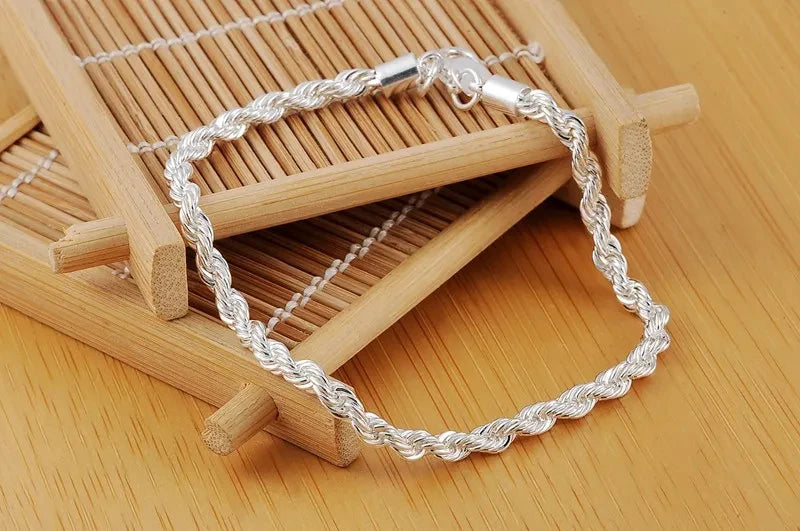 925 Sterling Silver Bracelet for Unisex 4MM Twisted Rope Chain