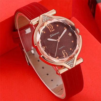 5pcs Set Womens Leather Band Ladies Watch Jewelry Set