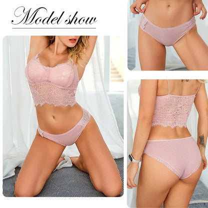 3pcs Womens Cotton Panties Low Rise Underwear Patchwork Lace Briefs