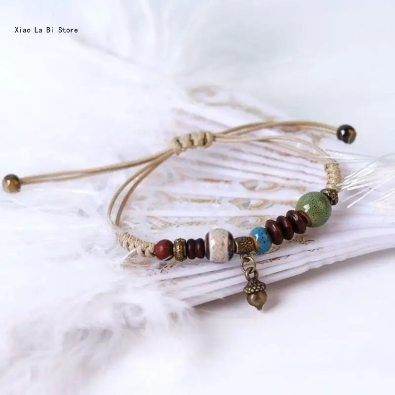 Fashionable Bracelet Ethnic Ceramic Beaded Bangles Woven Strings