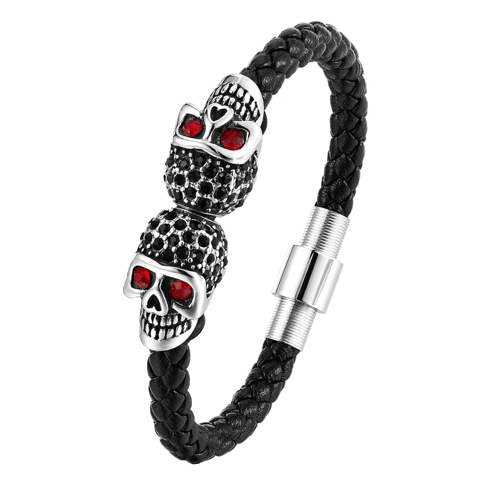 Stainless Steel Cool Skull Braided Mens Leather Bracelet