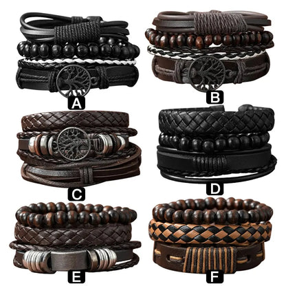 Set Of 3 Handmade Woven Pu Leather Mens Bracelet