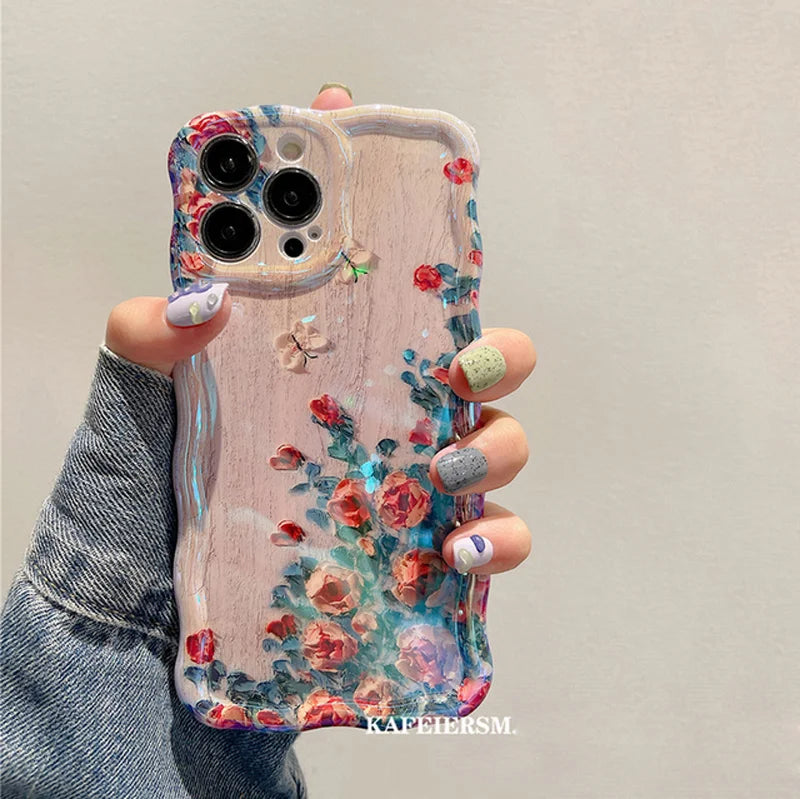 Laser Blue Light Flowers Phone Case For iPhone 16 15 14 13 12 11 Pro Max