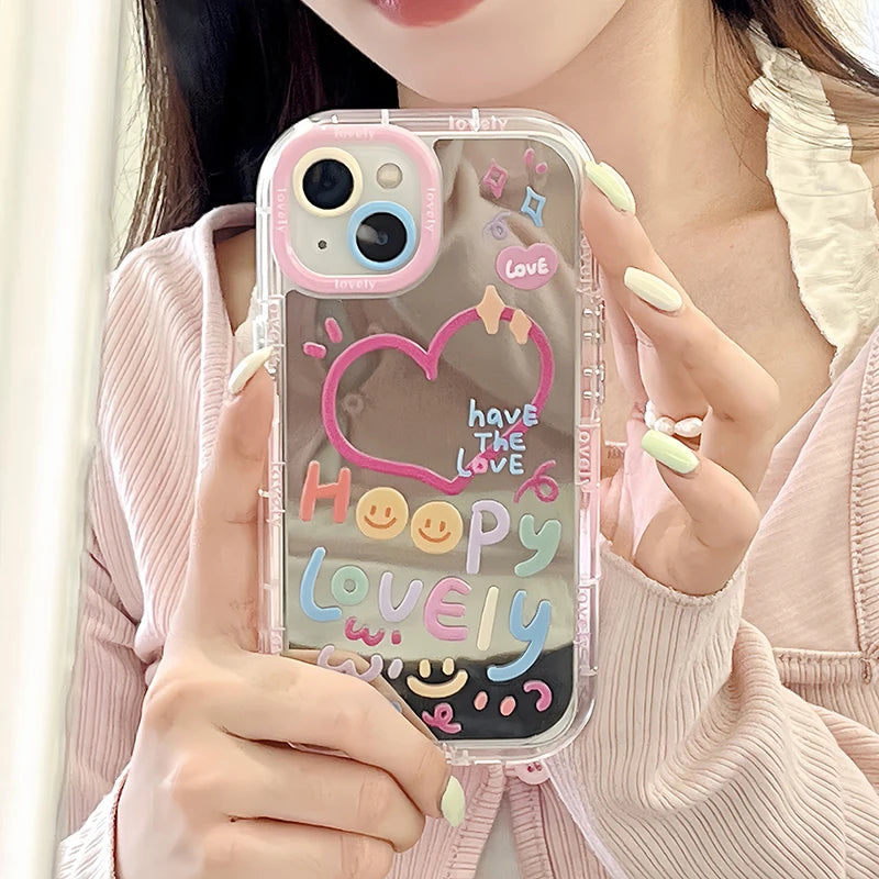 Lovely Girl Heart Mirror Phone Case For iPhone 11 12 13 14 15 Pro Max