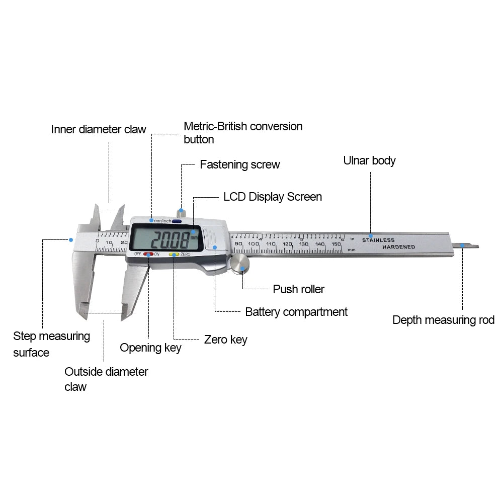 6 Inch 150mm Digital Vernier Caliper Stainless Steel Micrometer Depth Ruler