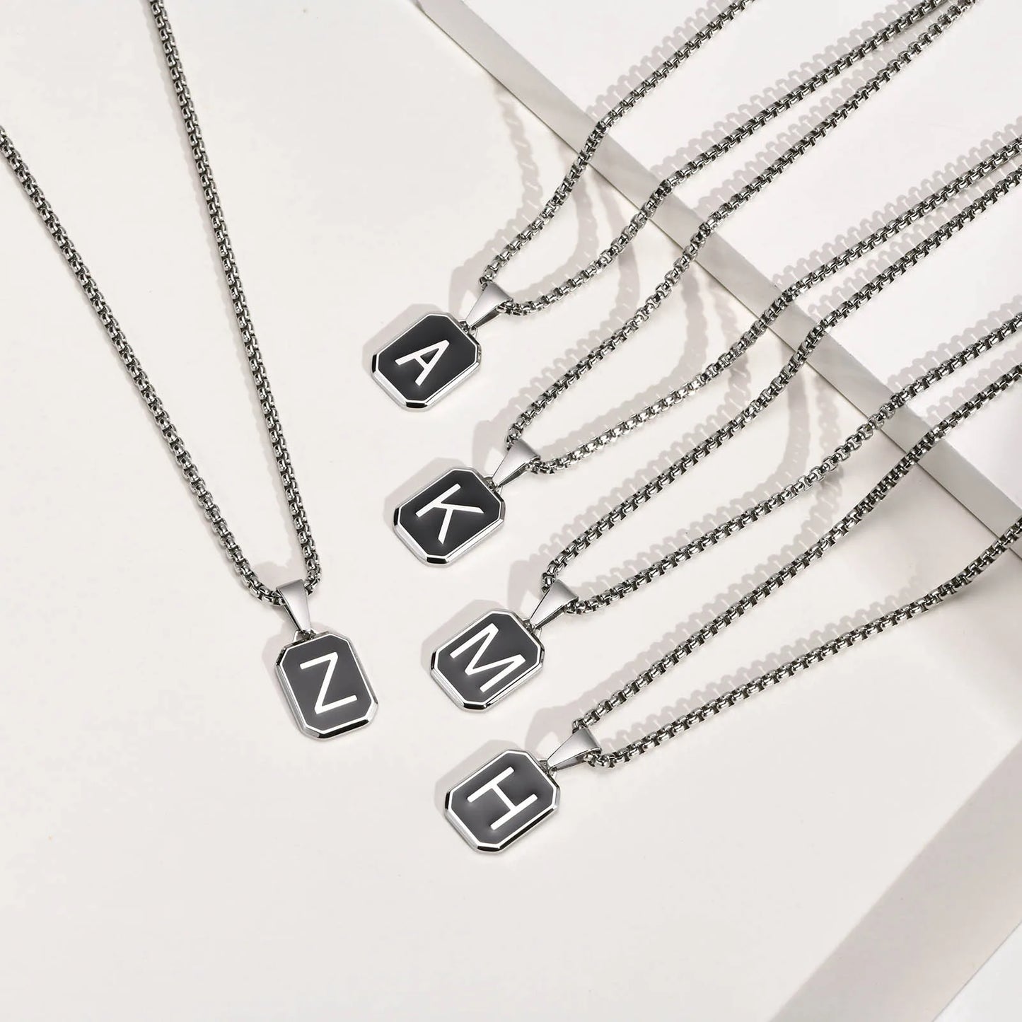 Stylish Initials Square Necklaces for Men 26 Letters Stainless Steel Pendant