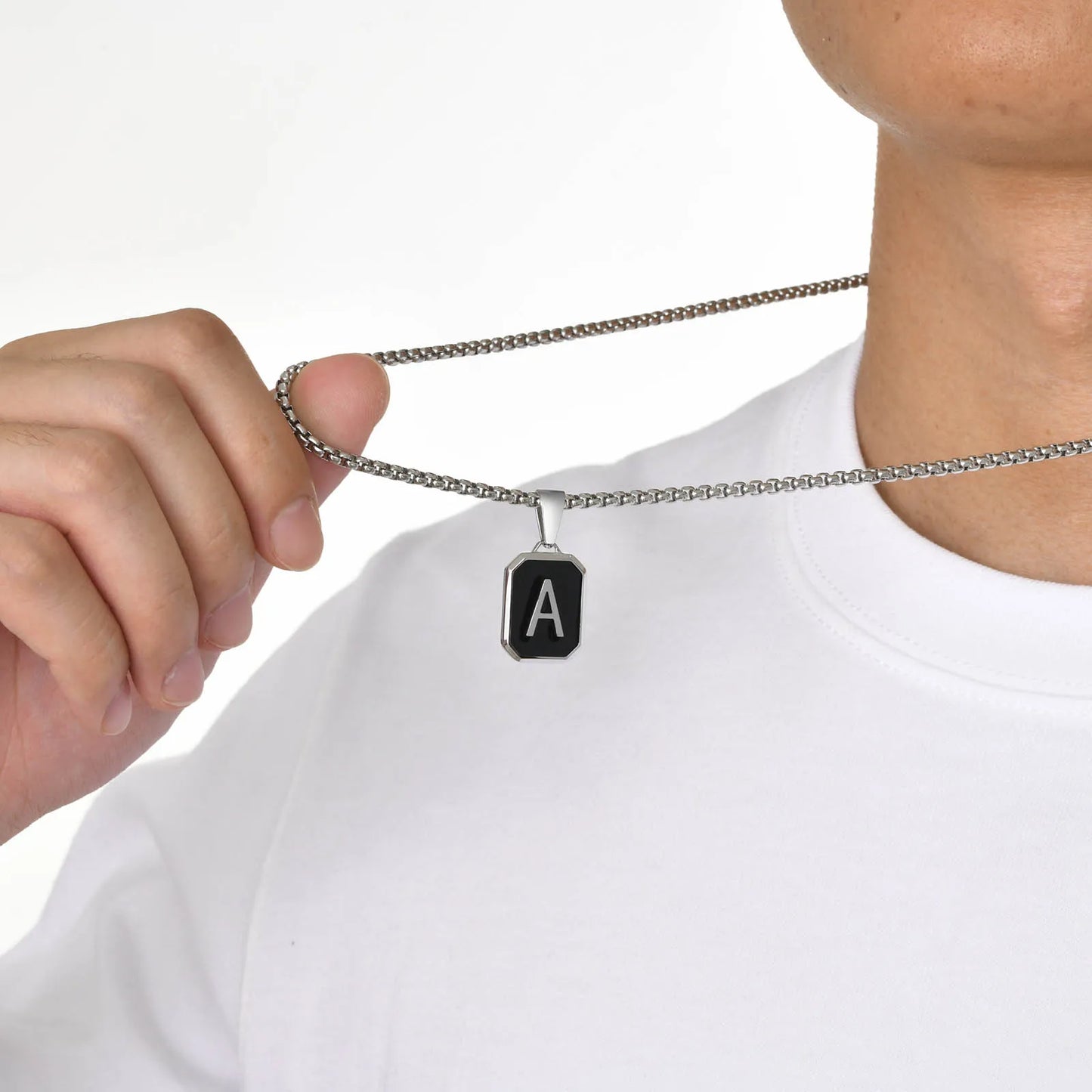 Stylish Initials Square Necklaces for Men 26 Letters Stainless Steel Pendant