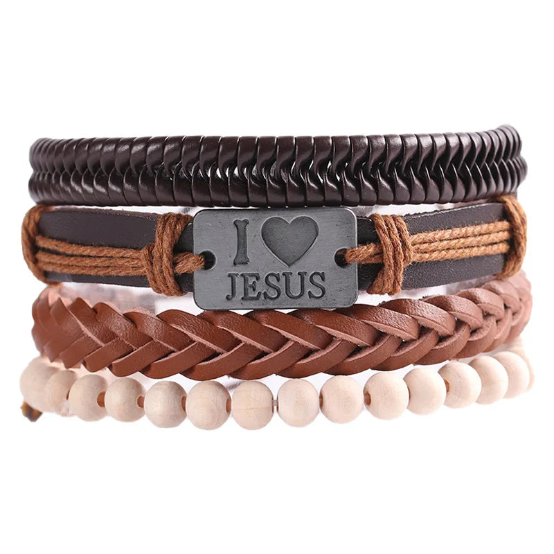 4pcs Set Braided Wrap Leather Mens Bracelet Ethnic Tribal Wristband