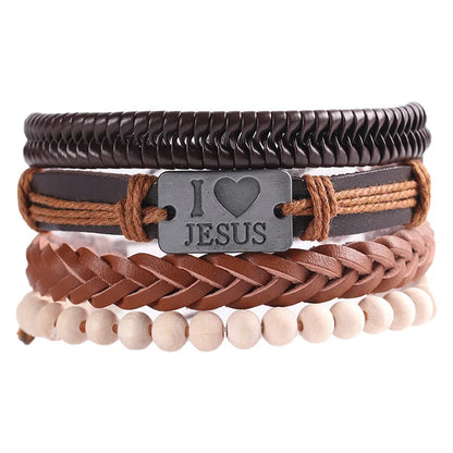 4pcs Set Braided Wrap Leather Mens Bracelet Ethnic Tribal Wristband