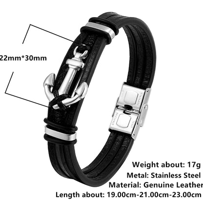 Punk Stainless Steel Anchor Bracelets Genuine Leather Mens Bracelet