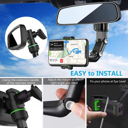 Rearview Mirror Phone Holder 360 Rotatable Retractable