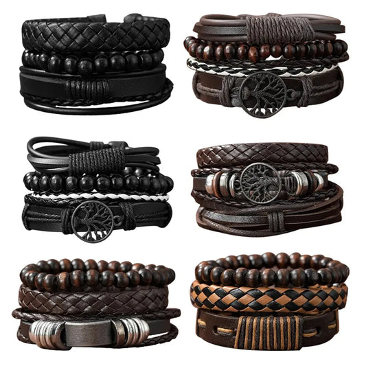 Set Of 3 Handmade Woven Pu Leather Mens Bracelet