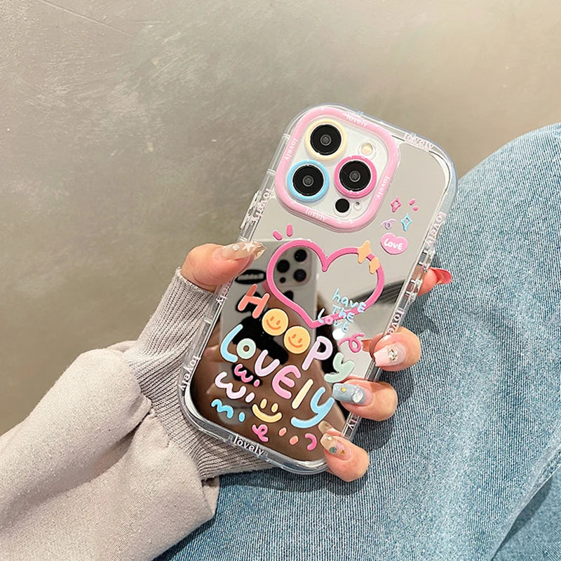 Lovely Girl Heart Mirror Phone Case For iPhone 11 12 13 14 15 Pro Max