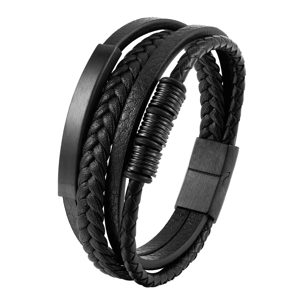 Charm Braid Rope Leather Bracelet For Mens Stainless Steel Magnetic Buckle