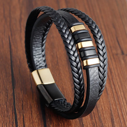 Charm Braid Rope Leather Bracelet For Mens Stainless Steel Magnetic Buckle