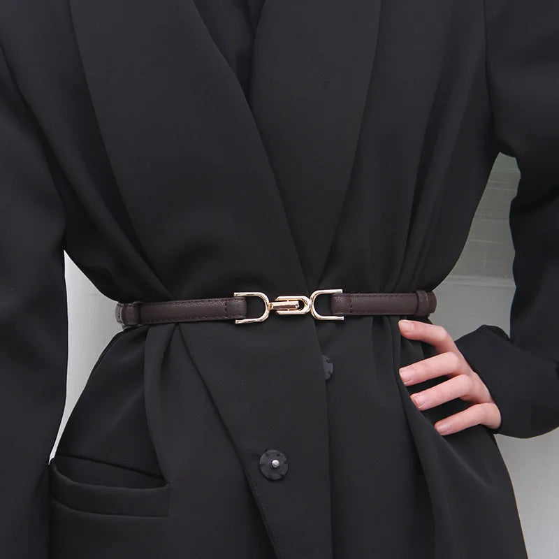 Womens Belt Leather Skinny Belt for Dress Adjustable Thin Waist Belt