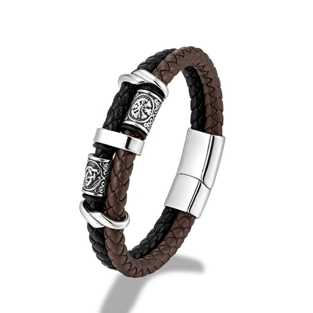 Punk Viking Style Stainless Steel Beads Braided Multilayer Leather Bracelet