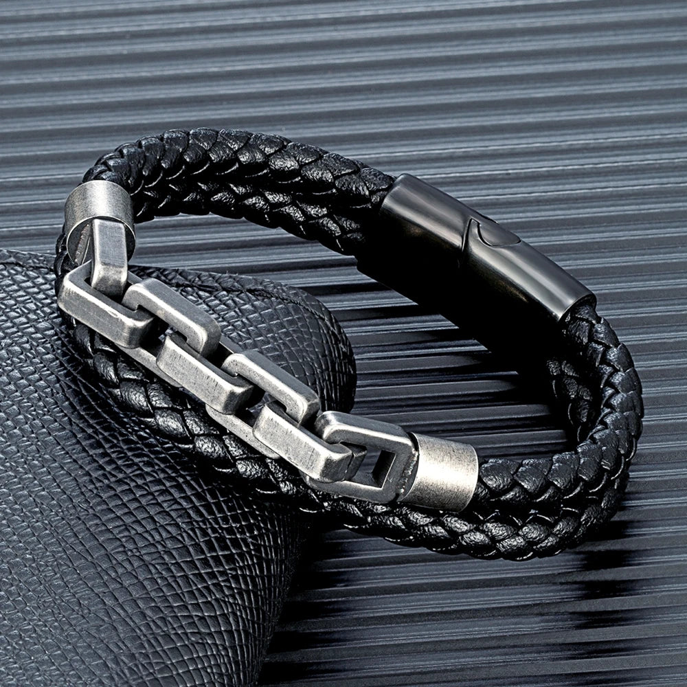 Locomotive Men Punk Rock Bicycle Chain Leather Bracelet