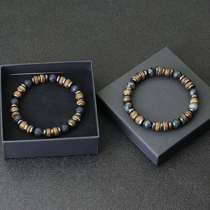 Mens Bracelet Natural Stone Hematite Tiger Eyes Wooden Bracelets