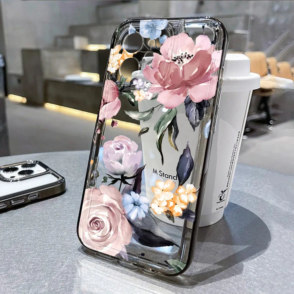 Rose Flower Clear Phone Case For iPhone 16 15 14 Pro Max Shockproof