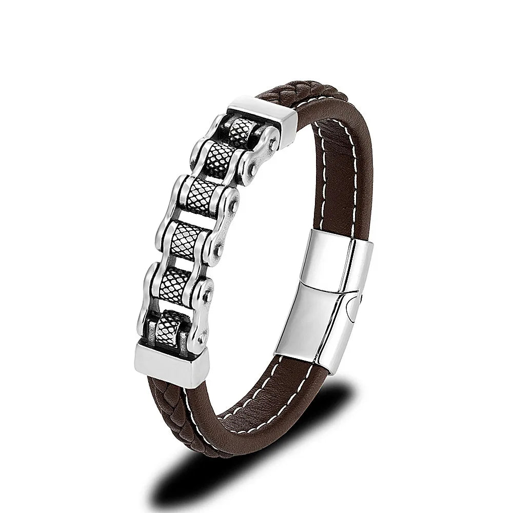 Punk Men Biker Chain Braided Leather Bracelet Stainless Steel Magnetic Buckle