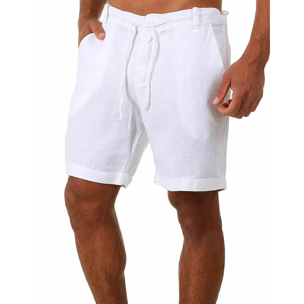 Mens Cotton Linen Shorts Summer Breathable Solid Color