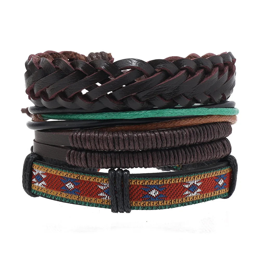 4pcs Set Braided Wrap Leather Mens Bracelet Ethnic Tribal Wristband