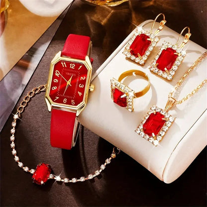 Square Womens Leather Band Watch Jewelry Set