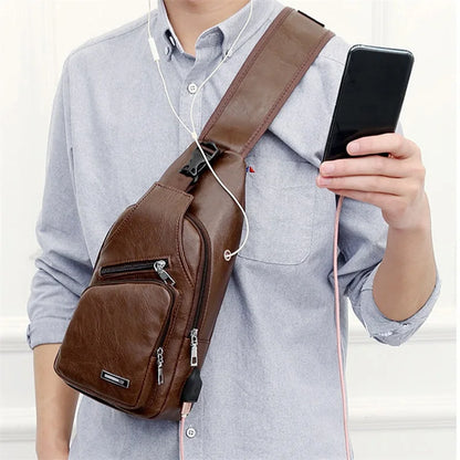 USB Charging Chest Bag Headset Hole Mens Crossbody