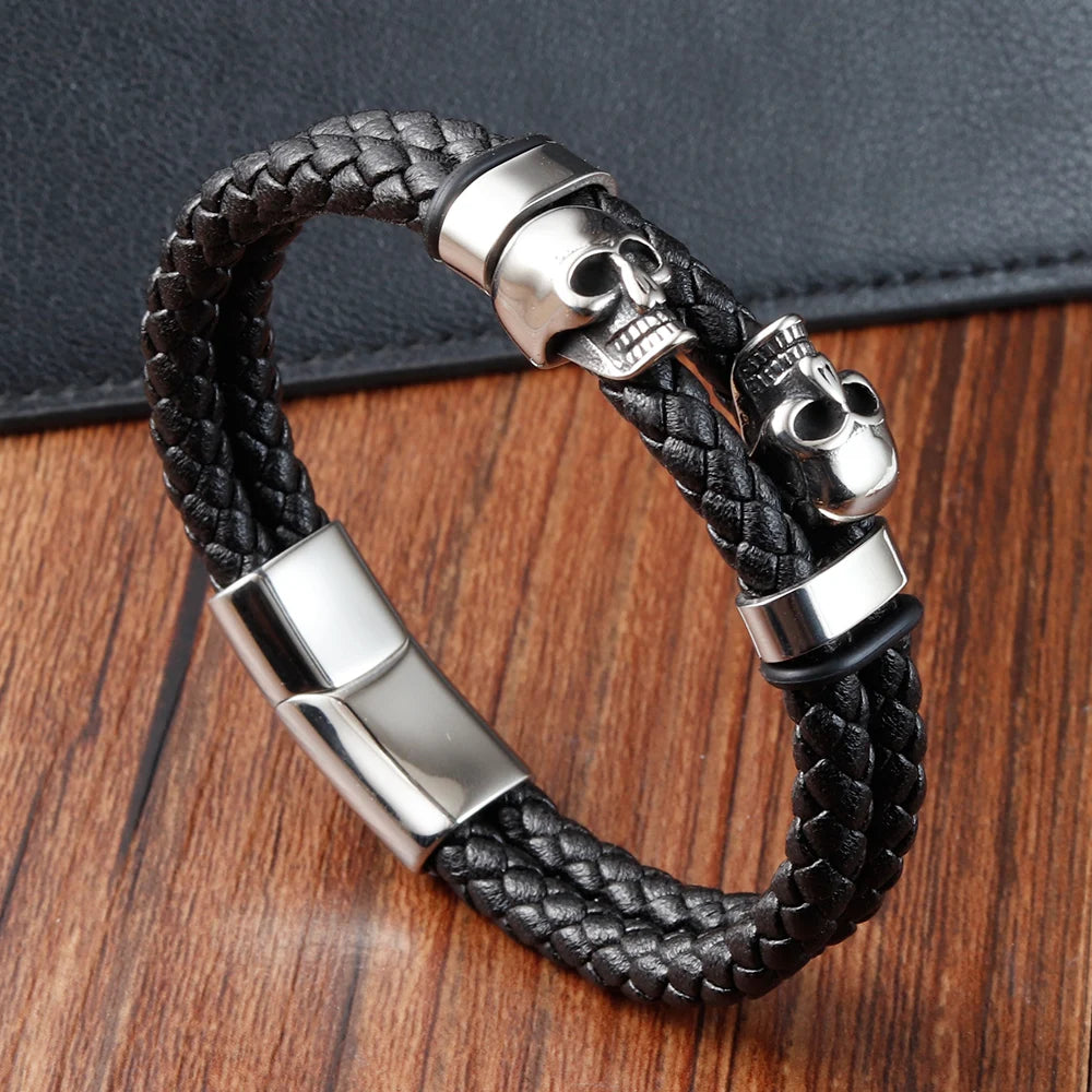 Stainless Steel Cool Skull Braided Mens Leather Bracelet