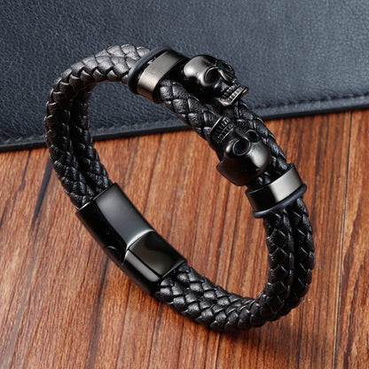 Stainless Steel Cool Skull Braided Mens Leather Bracelet