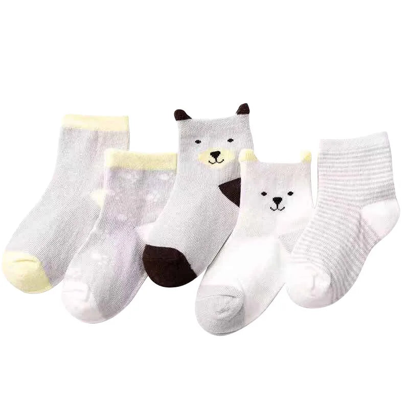 5 Pairs Cartoon Baby Socks Spring Autumn Stripe Dot Girls Boys