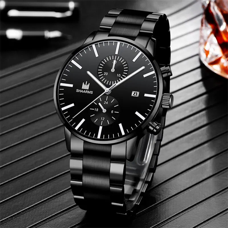 Mens Fashion Quartz Watch Stainless Steel Bracelet Set