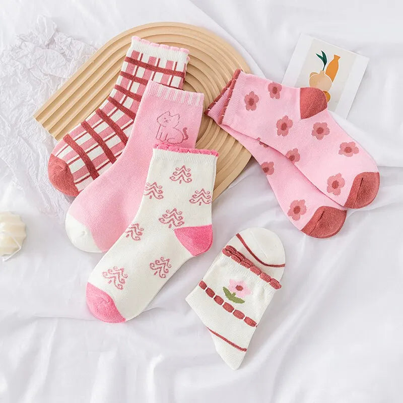 5 Pairs Pink Flower Knit Warm Kids Socks For Girls