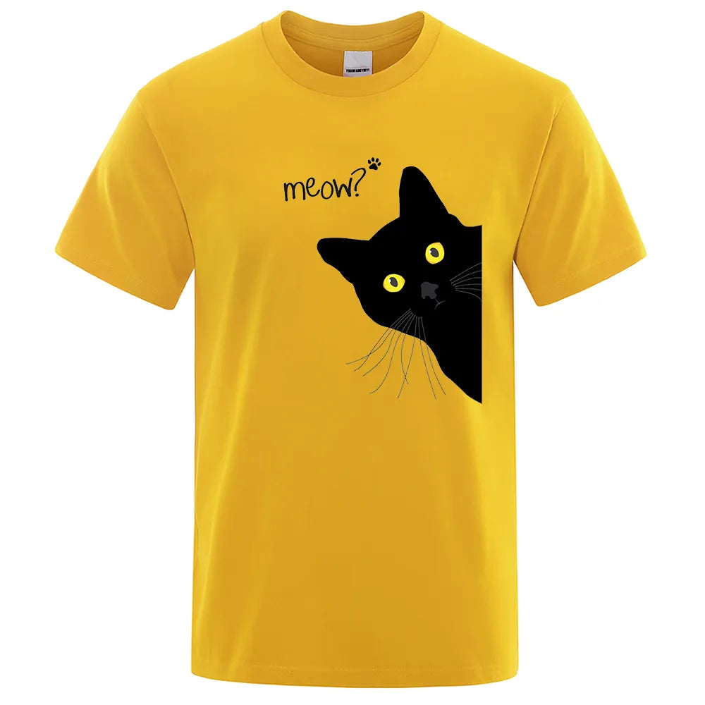 Meow Black Cat T Shirts Breathable Oversized Loose Cotton Mens Shirt