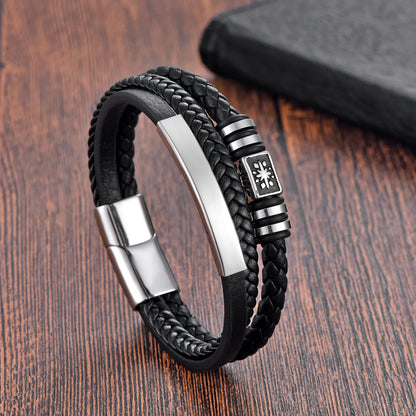 Charm Braid Rope Leather Bracelet For Mens Stainless Steel Magnetic Buckle