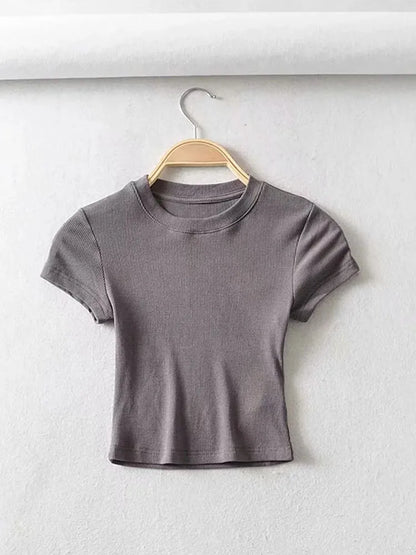 Womens O Neck Short Sleeve T-Shirt Slim Elastic Skinny Crop Tops