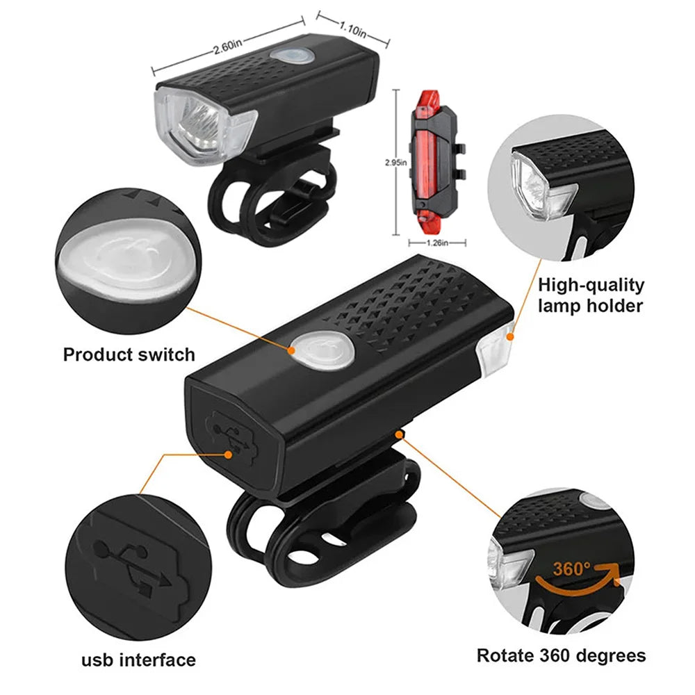 USB Rechargeable Bike Light Set Front Light with Taillight Easy to Install