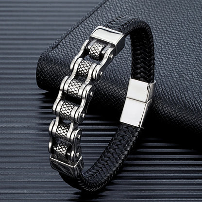 Punk Men Biker Chain Braided Leather Bracelet Stainless Steel Magnetic Buckle