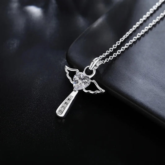 925 Sterling Silver Women Angel Crystal Cross Pendants Chain Neckalce