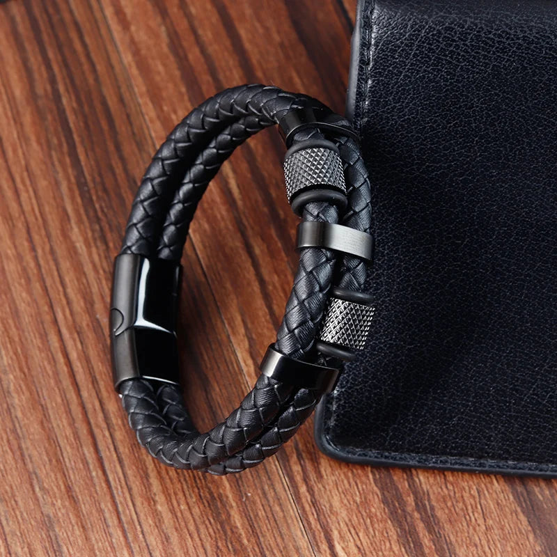 Charm Braid Rope Leather Bracelet For Mens Stainless Steel Magnetic Buckle