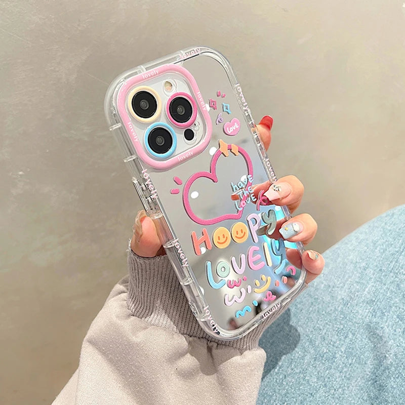 Lovely Girl Heart Mirror Phone Case For iPhone 11 12 13 14 15 Pro Max