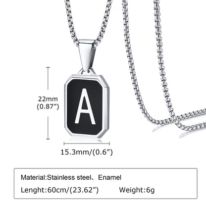 Stylish Initials Square Necklaces for Men 26 Letters Stainless Steel Pendant