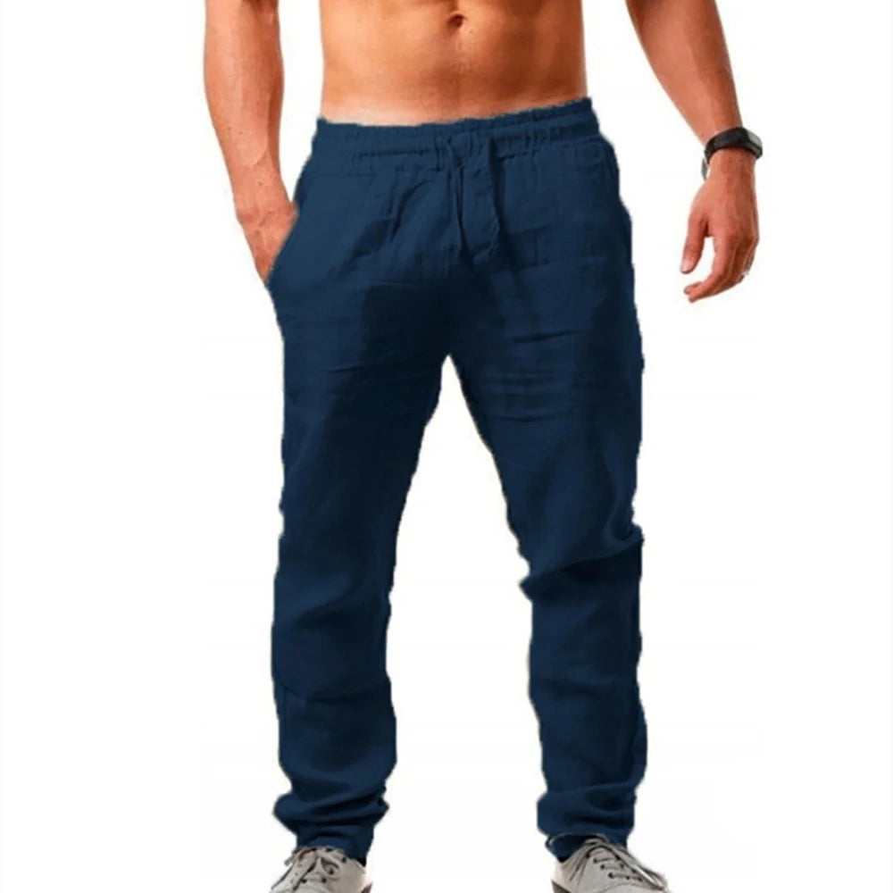 Mens Cotton Linen Long Pants Summer Breathable Linen Trousers