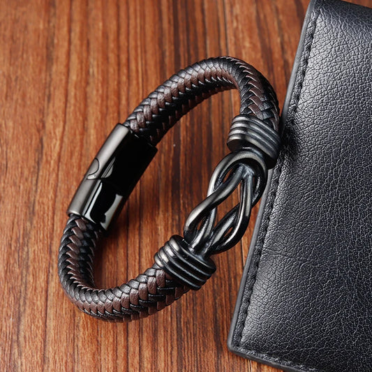 Stainless Steel Genuine Leather Mens Bracelet