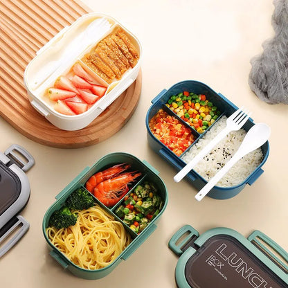 Portable Double Layer Lunch Box Microwaveable With Fork And Spoon