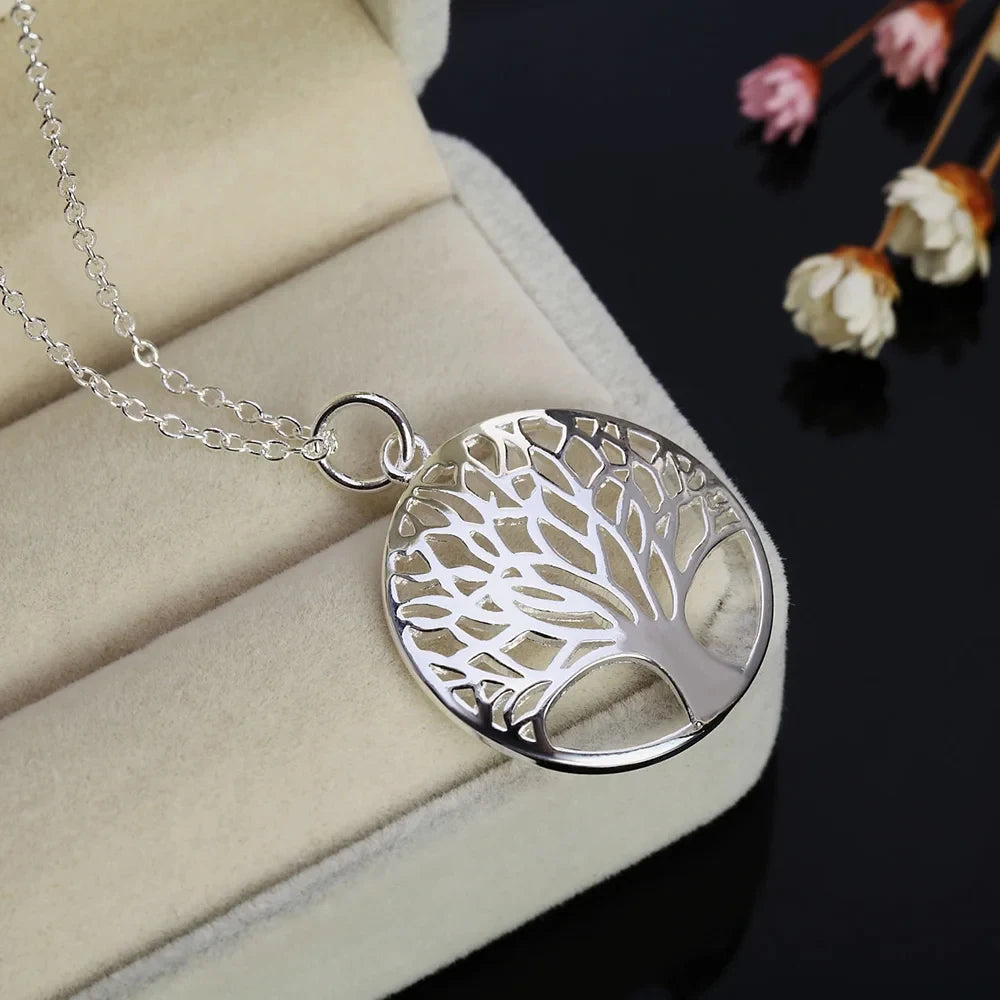 925 Sterling Silver Charm Round Tree Pendant Necklace For Women