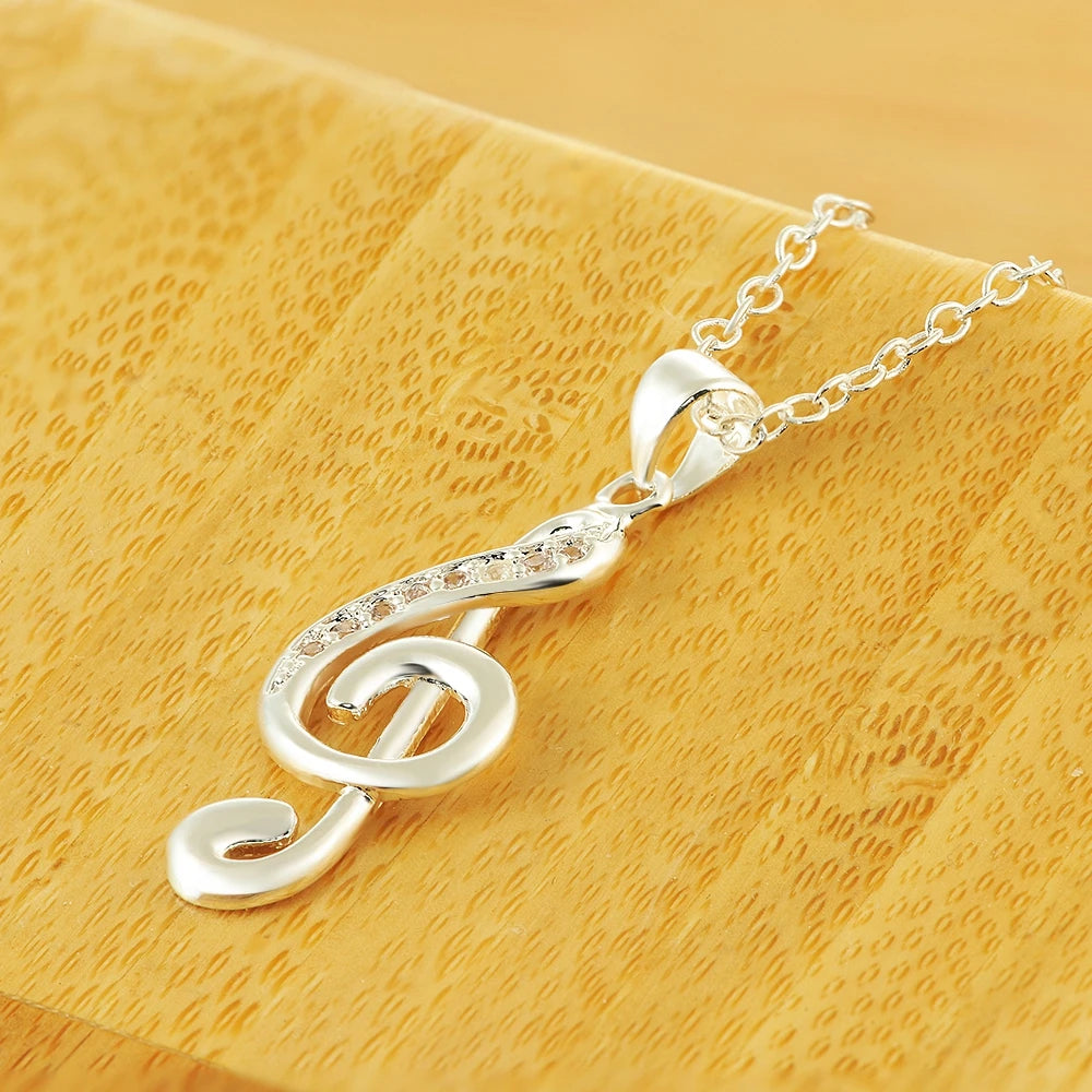 925 Sterling Silver Crystal Musical Note Pendant Women Necklace